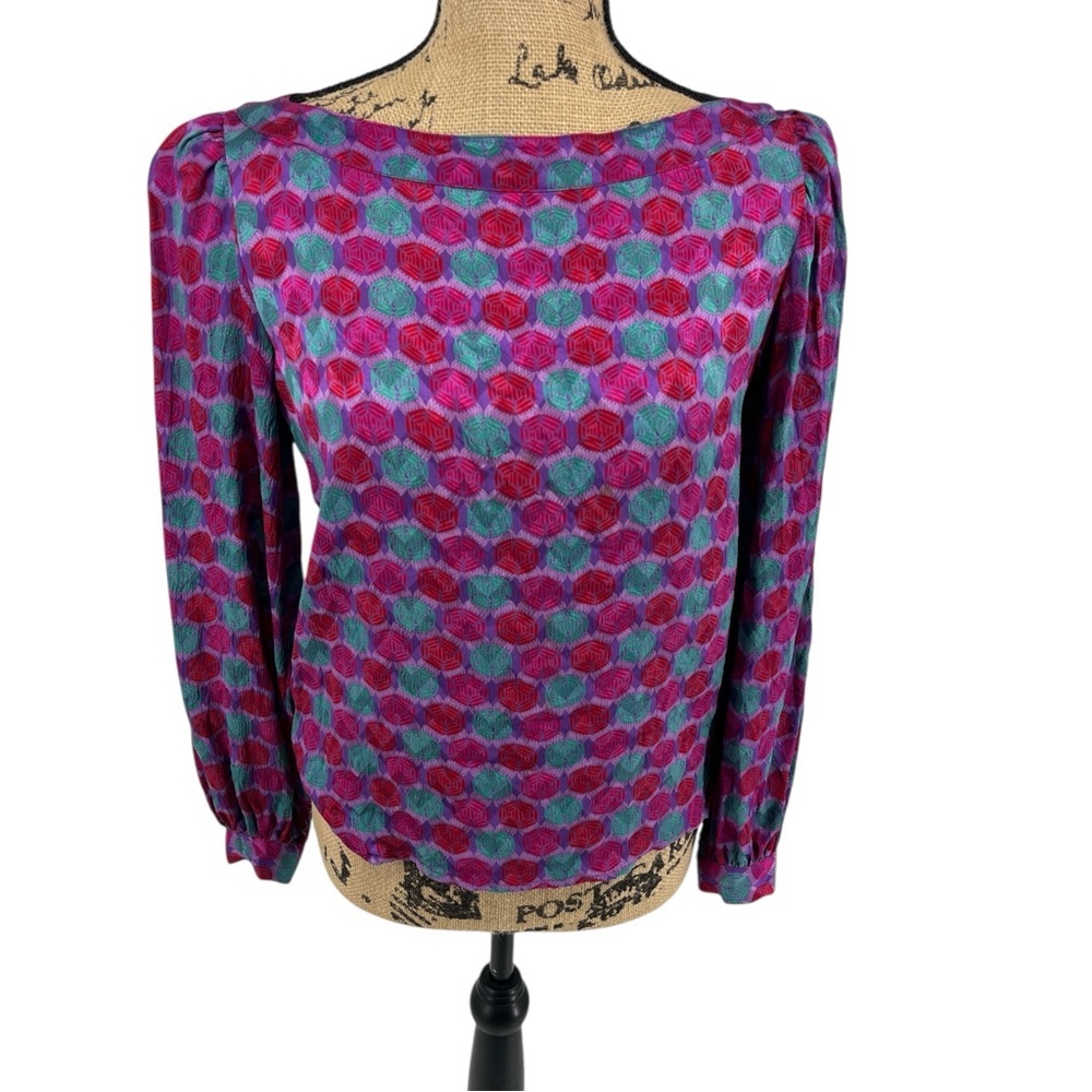 Vtg 80s Saks Fifth Avenue Silk Blouse Women's‎ 8 Purple Luxury Colorful Artsy